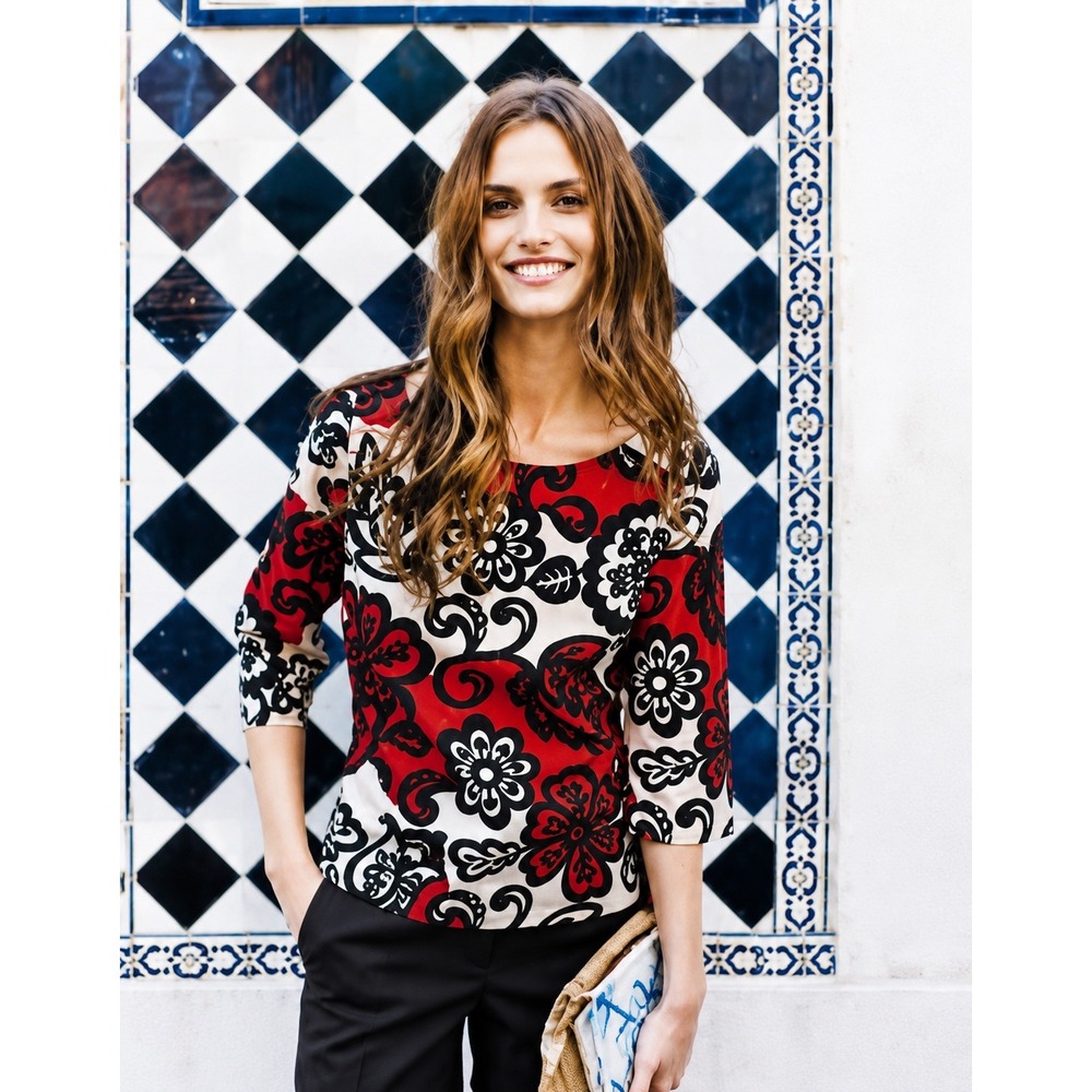 Boden Floral Boat Neck Top Red Black White 3/4 Sleeve Stretch Cotton Size 4